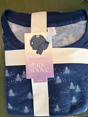 stars above Navy Pajama Set with White Tree Print